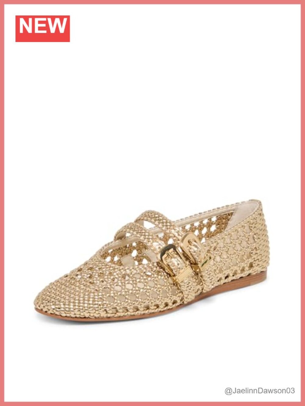 Woven Leather Ballet Flats with Gold Buckles Round Toe